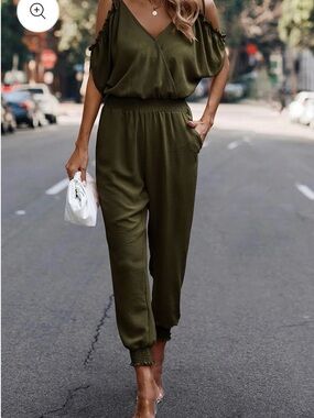 Olive Cold-Shoulder Smocked-Waist Jumpsuit